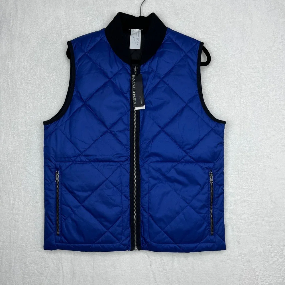 Banana Republic Reversible Quilted Puffer Performance Vest Mens M Black Blue NWT